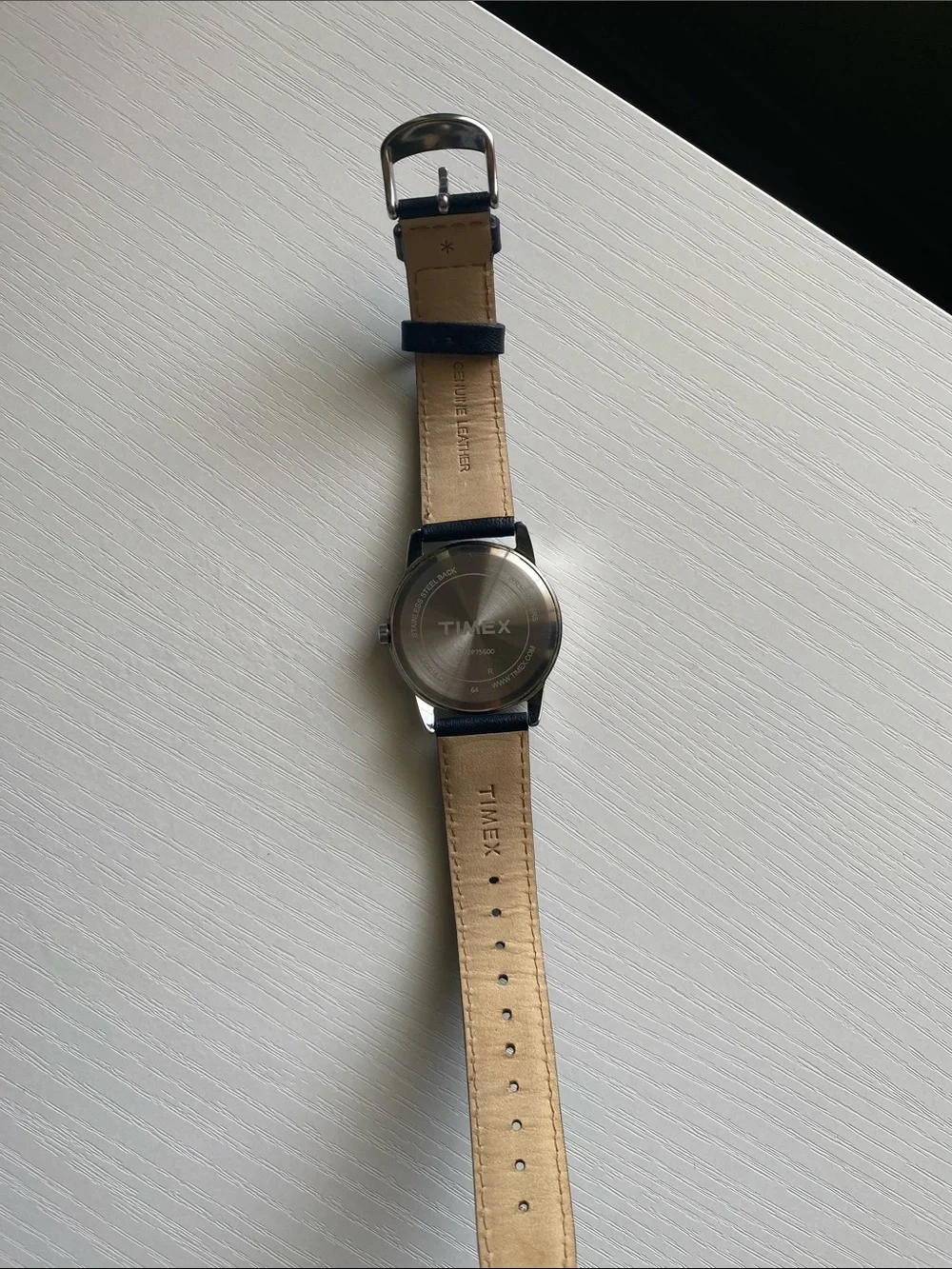 Timex Silver Case Watch with Black Leather Strap and White Dial